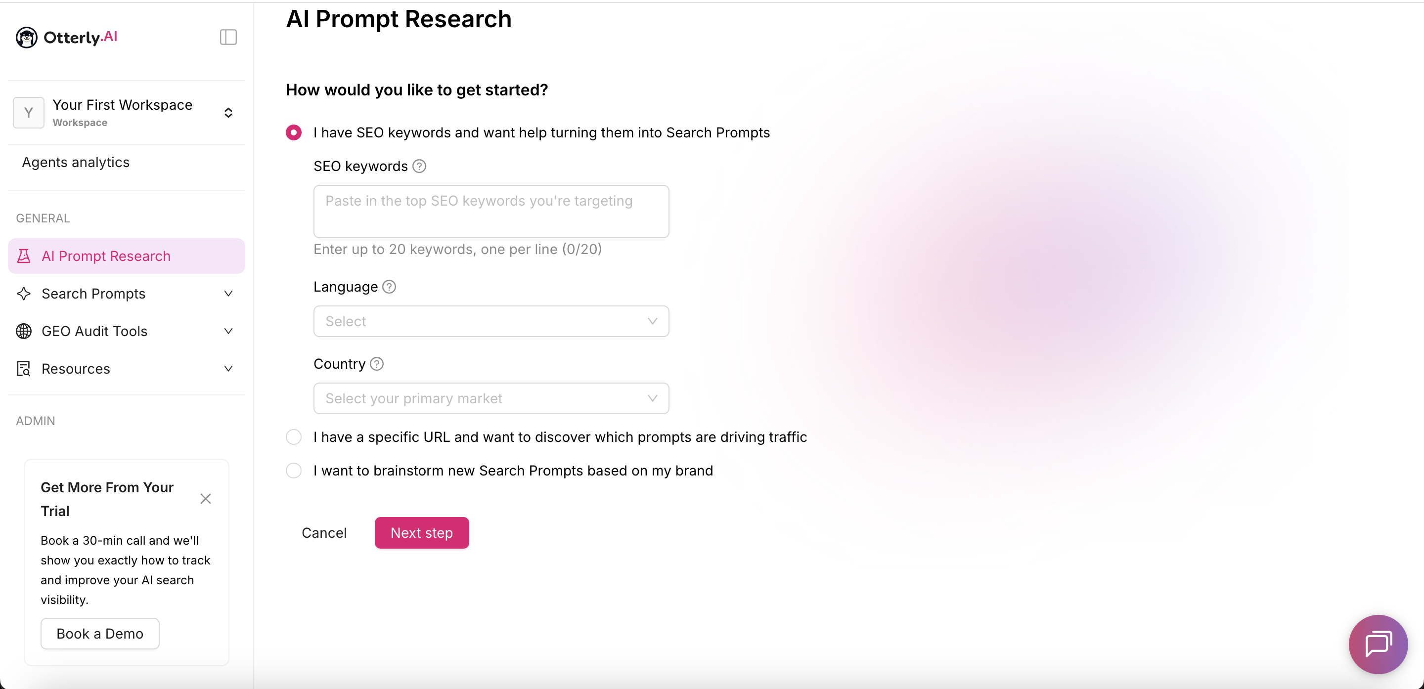 Otterly.AI AI Prompt Research screen showing options to turn SEO keywords, a URL, or a brand brainstorming brief into search prompts.